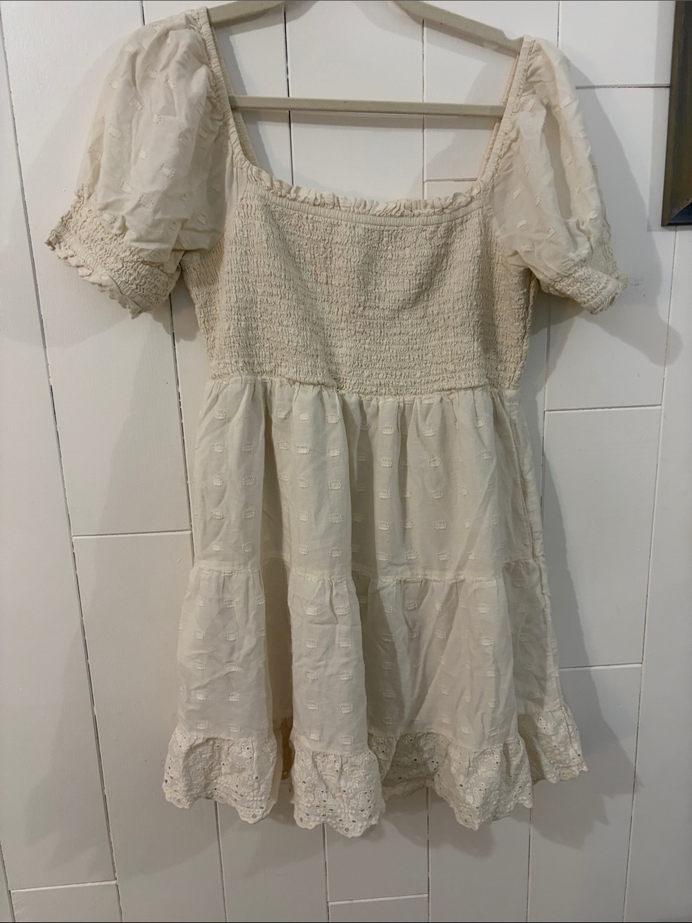 American Eagle Outfitters Cream Smocked Babydoll Dress